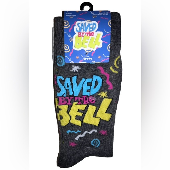 Saved By The Bell Crew Socks 2 Pair Men 6.5-12 Gray w Logo Cell Phone 90s Sitcom - Picture 1 of 10